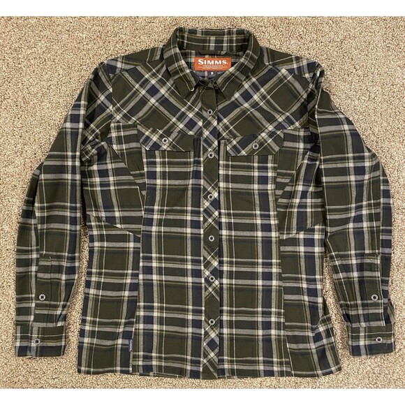 Simms Flannel Shirt Mens‎ Small Green Blue Plaid Long Sleeve Outdoor Hiking - Picture 2 of 9